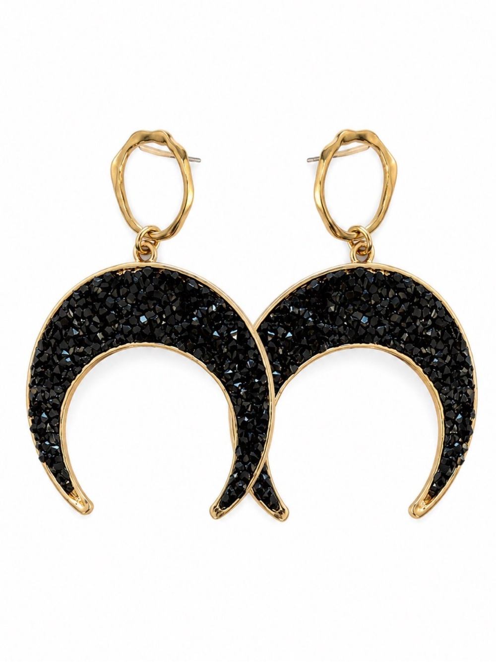 Black Druzy Crescent Moon Earrings Gold Tone Boho Western Statement Earrings